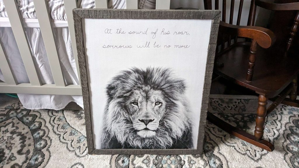 a C.S. Lewis quote written in cursive over a lion wall art